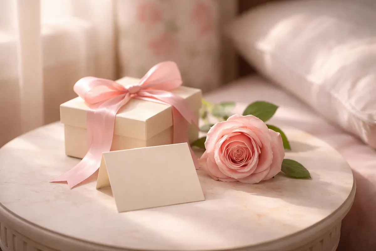 Un petit coffret noué d’un ruban rose, une rose et une carte vierge posés sur une table de chevet