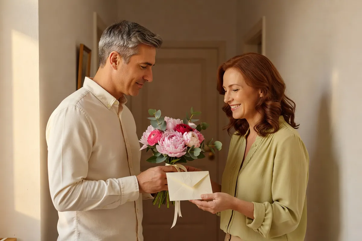 Un homme remet une enveloppe à une femme souriante qui tient un bouquet de fleurs roses