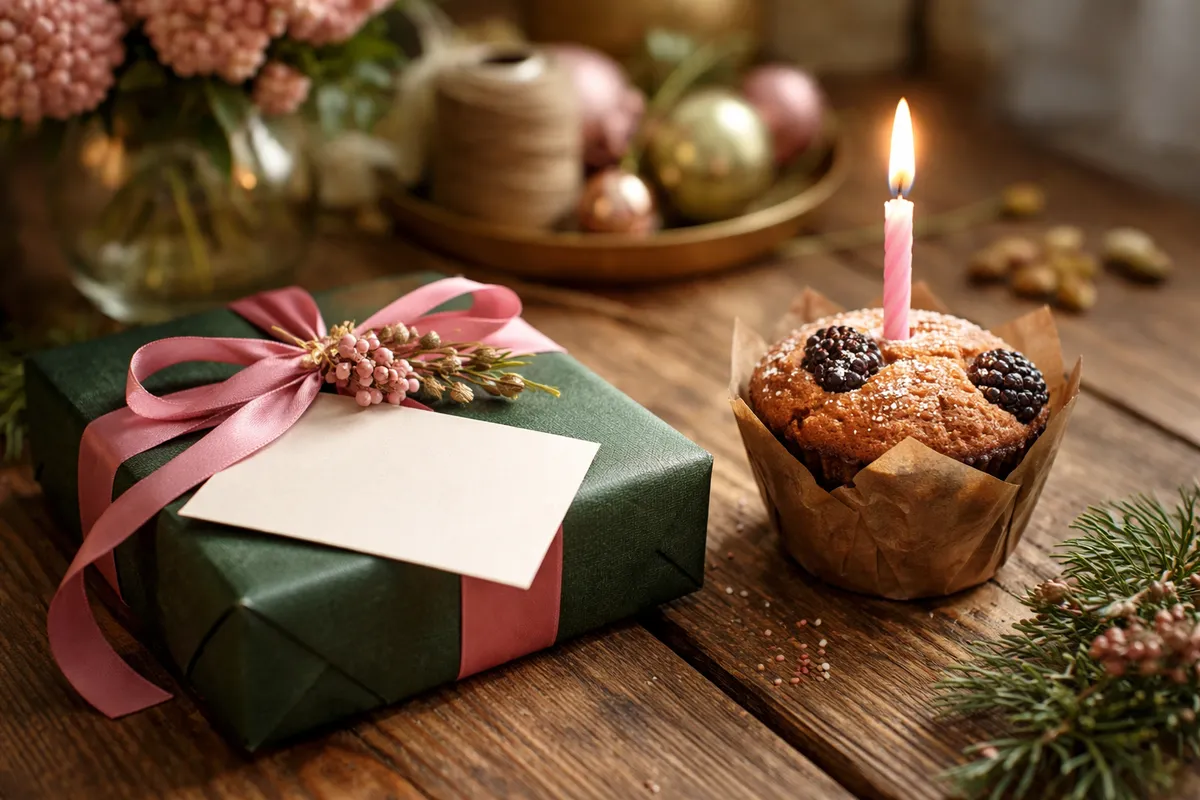 Un paquet-cadeau vert noué d’un ruban rose, une carte vierge et un muffin à la bougie allumée sur une table en bois