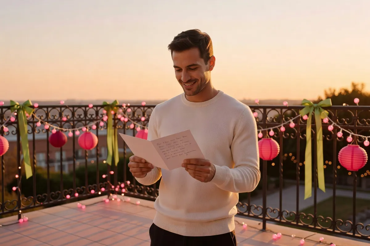 Un homme lit avec un sourire une carte manuscrite sur une terrasse décorée de lampions, au coucher du soleil