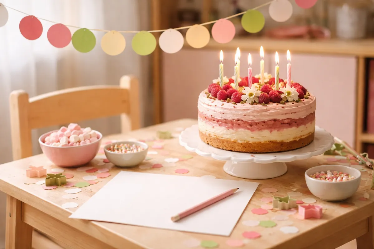 Un gâteau maison avec des bougies, une guirlande en papier et une feuille blanche avec un crayon sur une table d’enfant