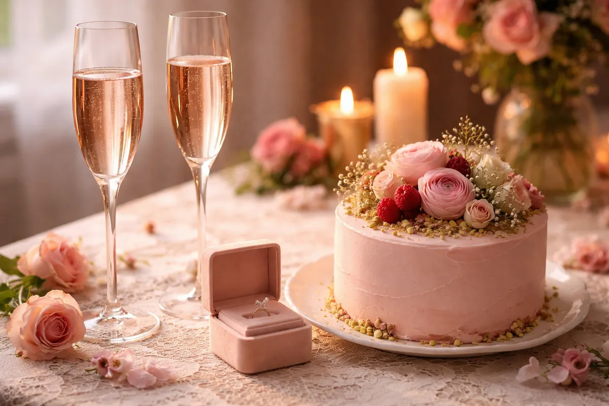 Un gâteau décoré de fleurs, deux flûtes de rosé, des bougies et un écrin de bague posés sur une table rose