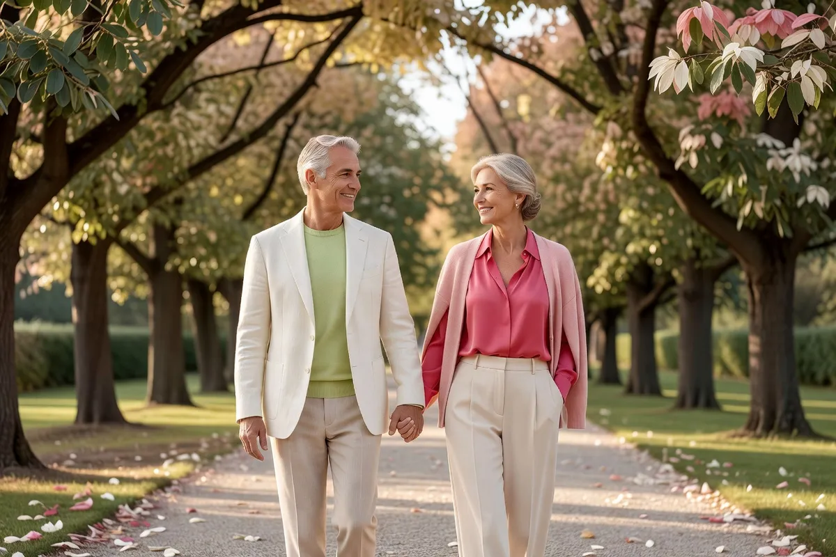 Un couple âgé marche main dans la main dans une allée d’arbres en fleurs