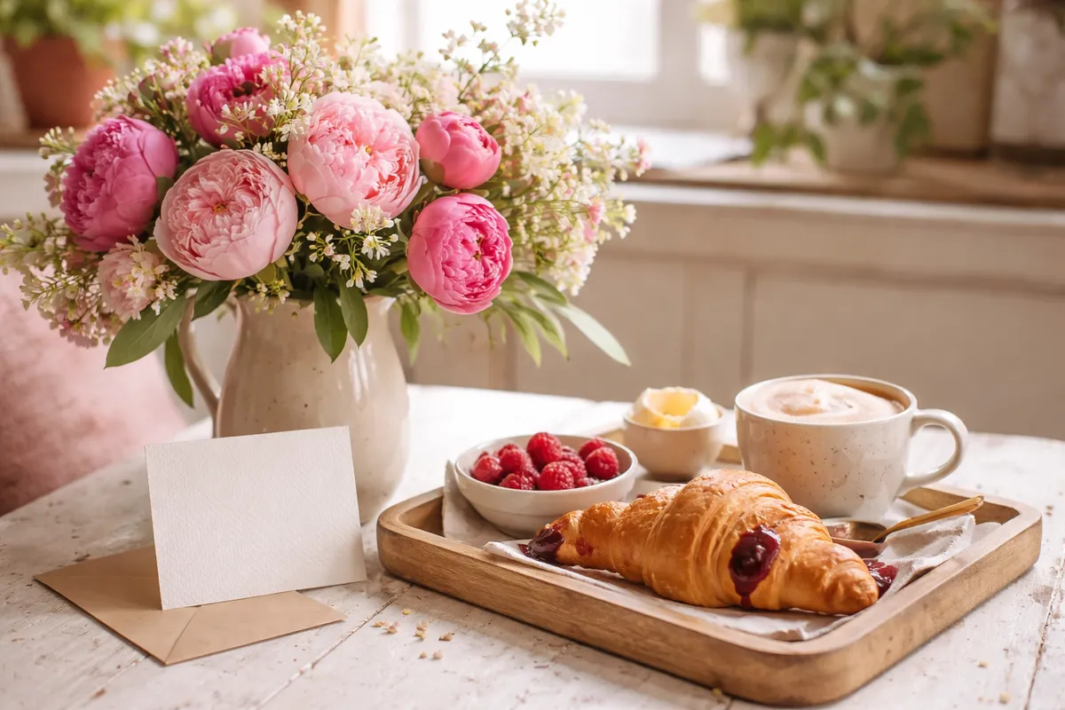 Un bouquet de pivoines roses dans un pichet en céramique, une carte faite main vierge et un petit plateau de petit-déjeuner sur une table de cuisine
