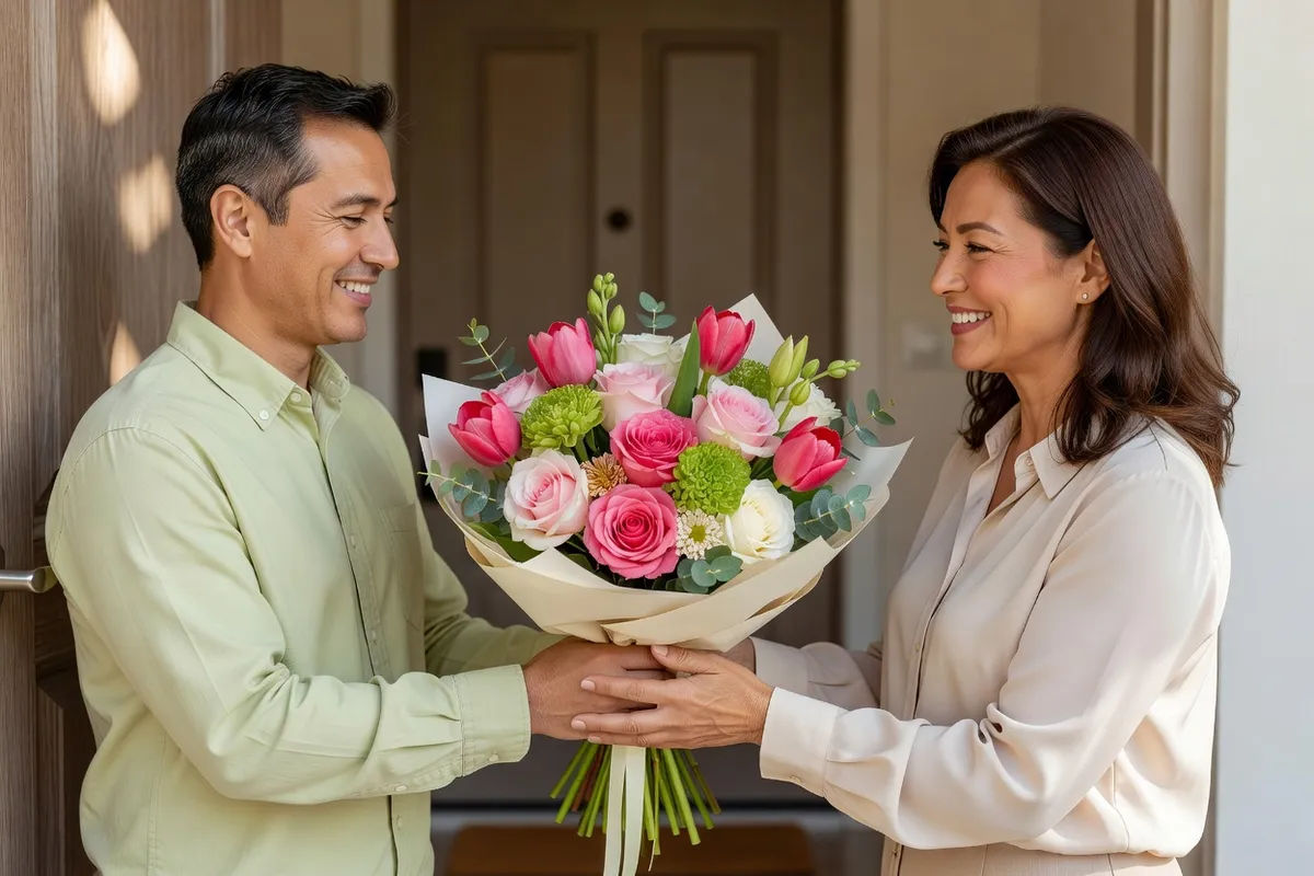 Une femme d’une cinquantaine d’années reçoit un bouquet de son fils adulte sur le pas de la porte, tous deux souriants