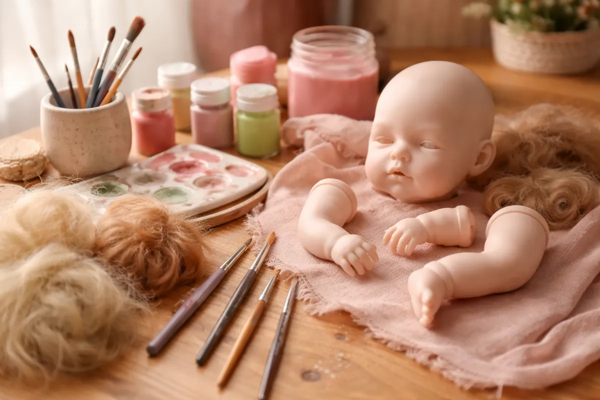 Un établi avec des pinceaux, des pots de peinture, des éléments de poupée en vinyle pâle et des mèches de mohair