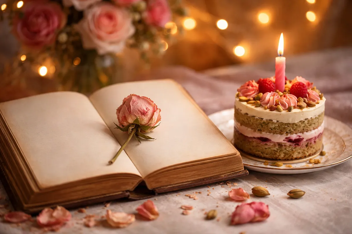 Un vieux livre ouvert orné d’une rose, près d’une part de gâteau surmontée d’une bougie, parmi des pétales