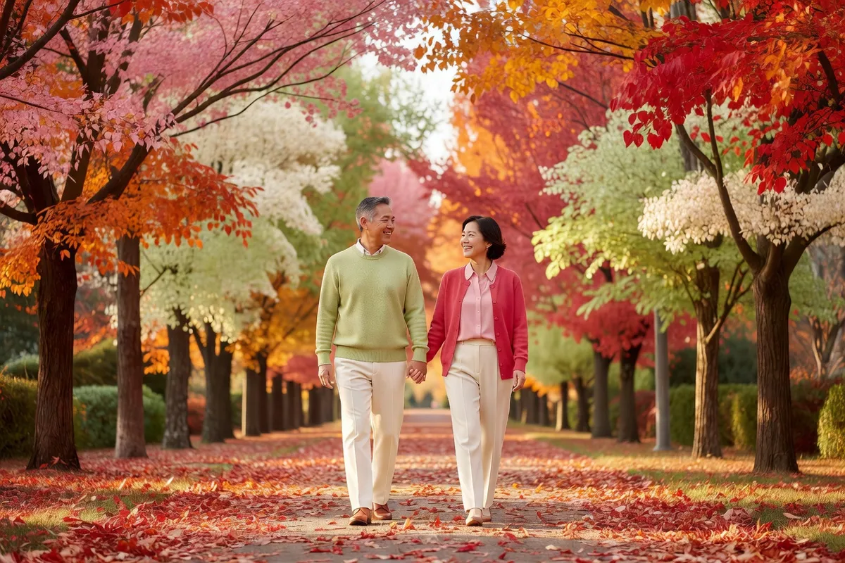 Un couple se promène main dans la main dans une allée d’arbres aux feuilles d’automne rouges et orangées