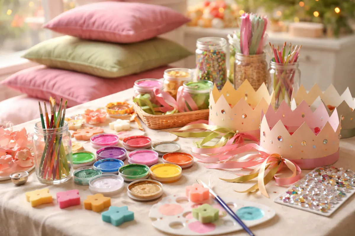 Une table de bricolage pour fête d’enfants : petits pots de peinture pour le visage, pinceaux, couronnes en papier, rubans et coussins