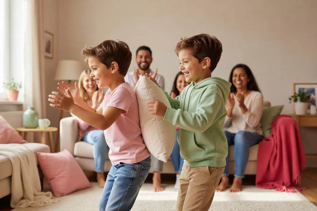 Deux enfants dansent dos à dos avec un coussin coincé entre eux dans un salon, d’autres enfants applaudissent autour
