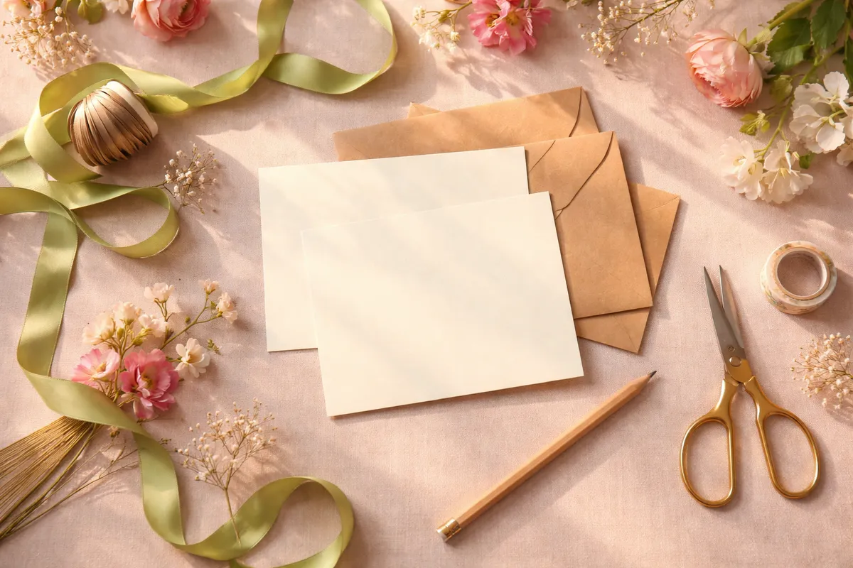 Des cartes vierges, des enveloppes kraft, des ciseaux dorés, un crayon et des rubans verts posés sur une table rose