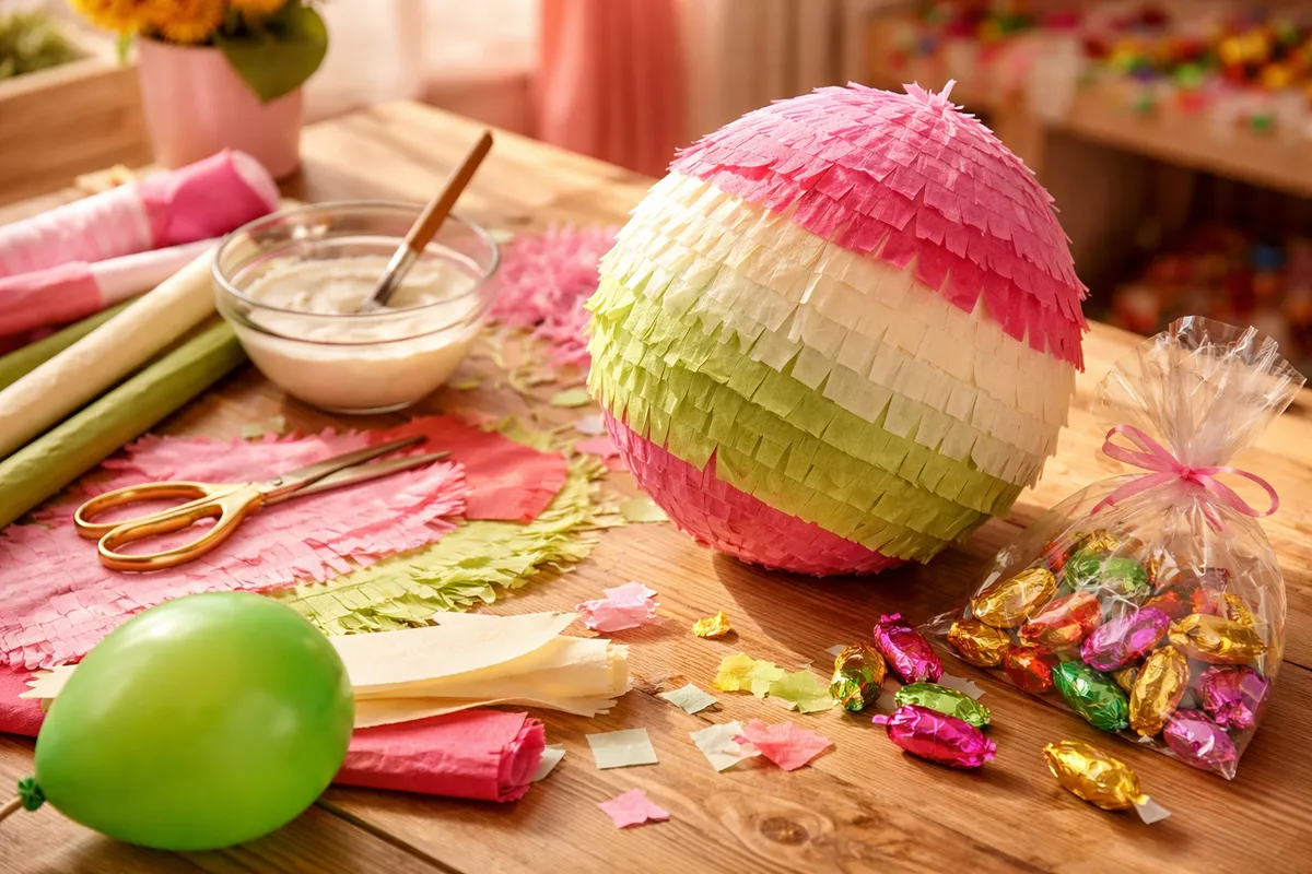 Piñata ronde à franges de papier rose et vert posée sur une table avec ciseaux, bol de colle, papiers crépon, bonbons et un ballon vert