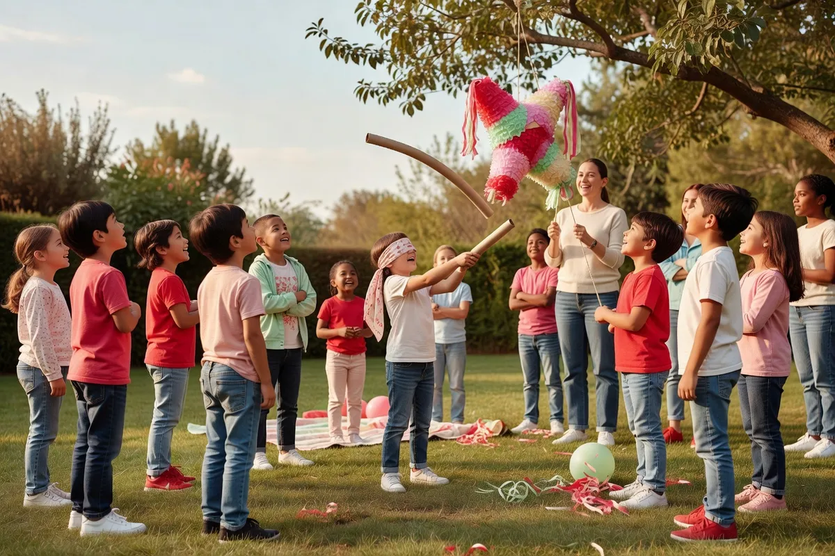 Des enfants en cercle dans un jardin regardent l’un d’eux, les yeux bandés, frapper une piñata suspendue à une branche