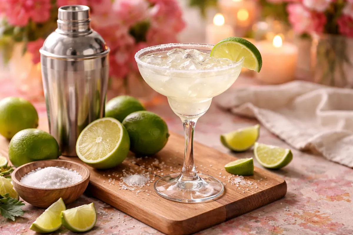 Un verre à margarita au bord salé, garni d’une rondelle de citron vert, à côté d’un shaker, de citrons verts et d’un bol de sel
