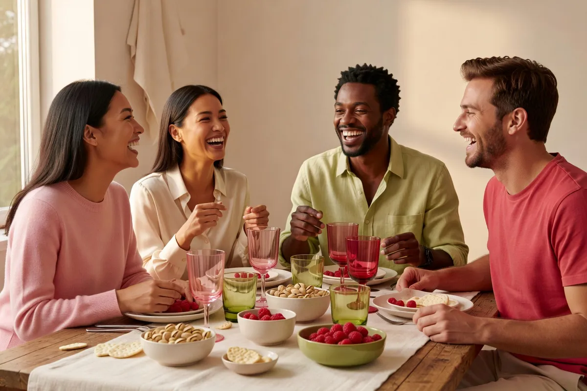 Un groupe d’amis rit autour d’une table garnie de verres colorés et de bols de grignotages