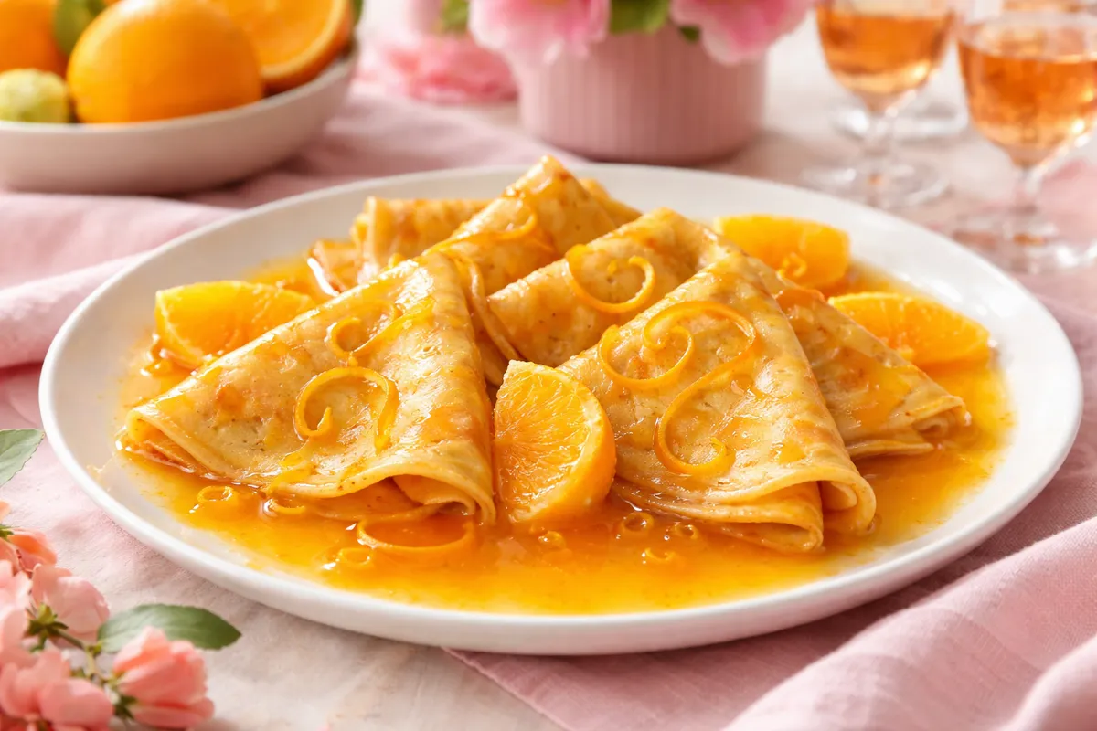 Des crêpes pliées dans une sauce orangée, avec des zestes d’orange et quelques quartiers, sur une assiette blanche