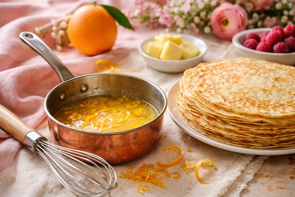 Une poêle en cuivre contenant une sauce à l’orange, avec une orange, un fouet, un morceau de beurre et une pile de crêpes fines