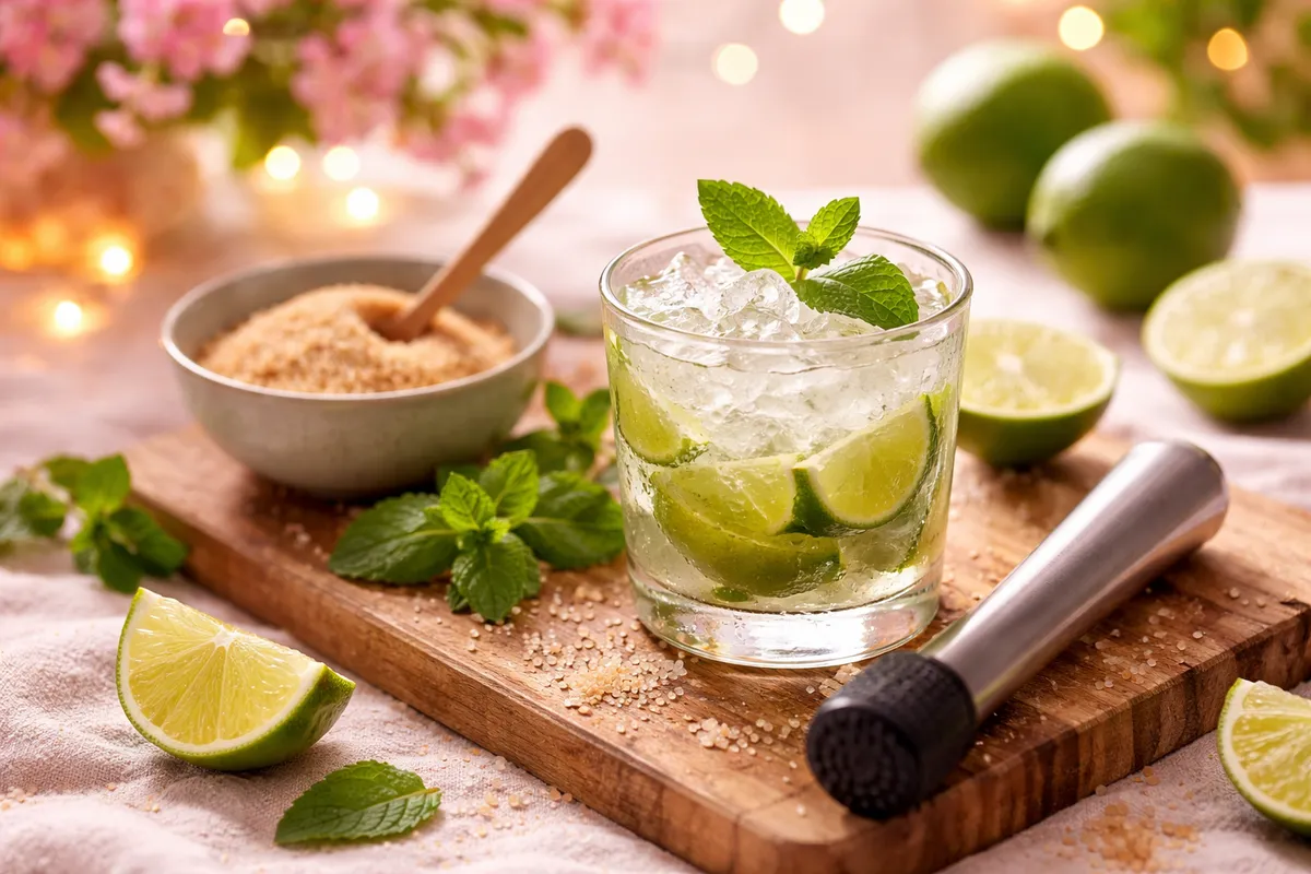 Un verre large de glace pilée et de quartiers de citron vert, un pilon, un bol de sucre roux et des citrons verts sur une planche en bois
