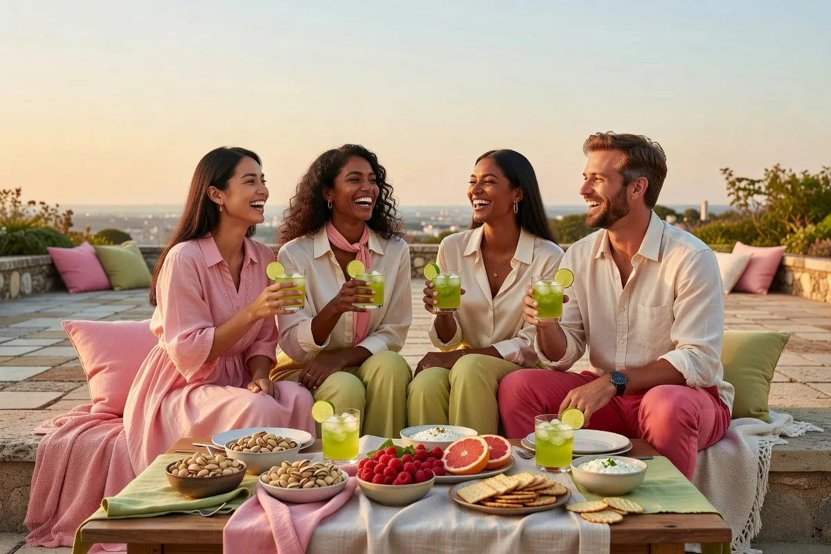Quatre amis trinquent avec des boissons vertes sur une terrasse au crépuscule, autour d’une table garnie de petites bouchées