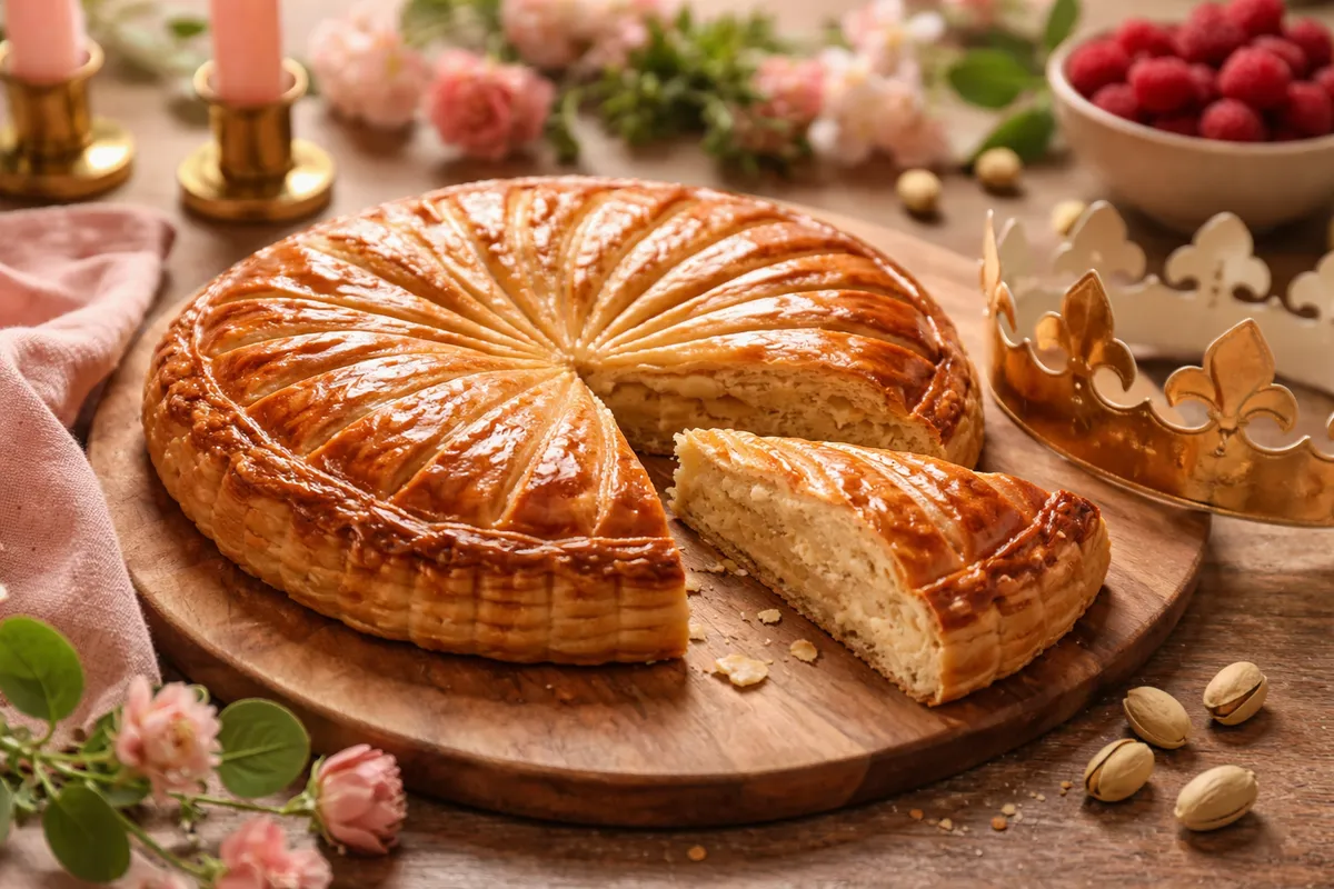 Une galette dorée striée, dont une part est découpée, sur une planche en bois avec une couronne dorée et des amandes