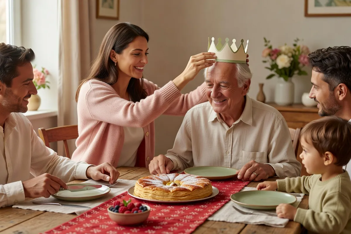 Une famille autour d’une table : une femme pose une couronne sur la tête d’un grand-père souriant, une galette devant eux