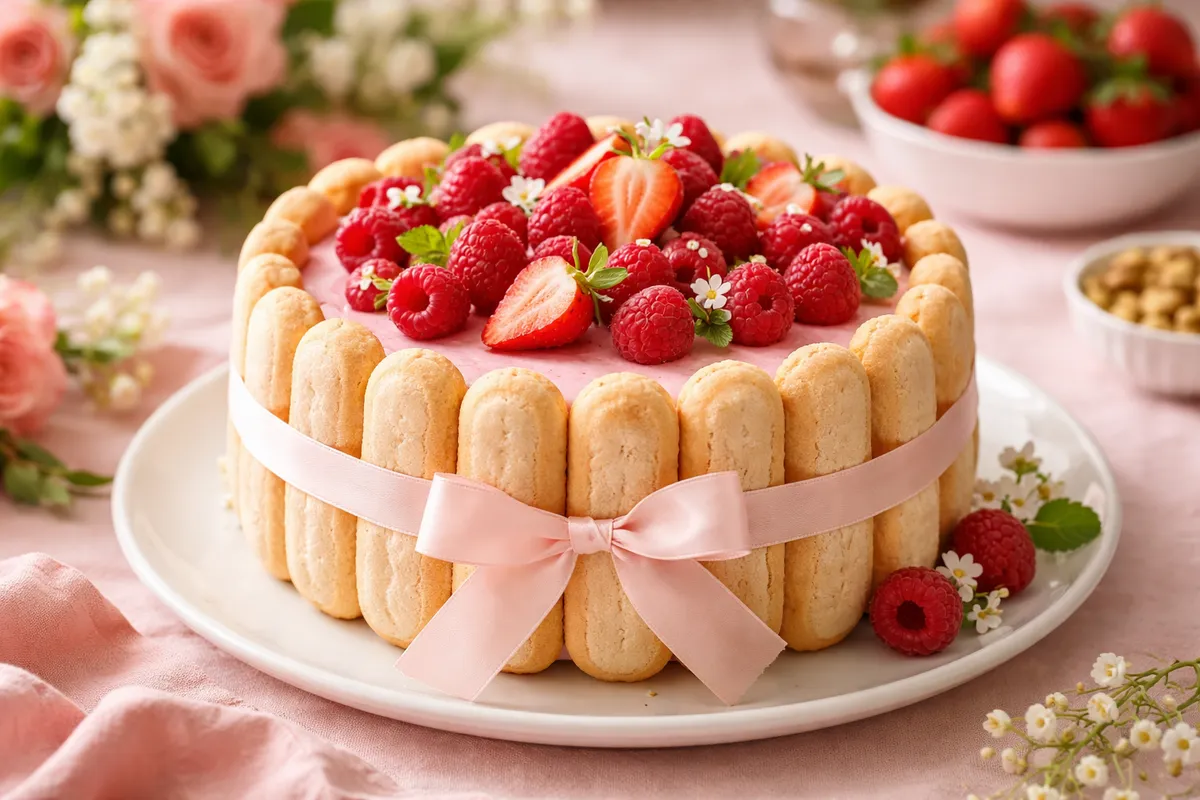 Une charlotte ceinte de biscuits à la cuillère, un ruban rose autour, garnie de framboises et de fraises, sur une assiette blanche