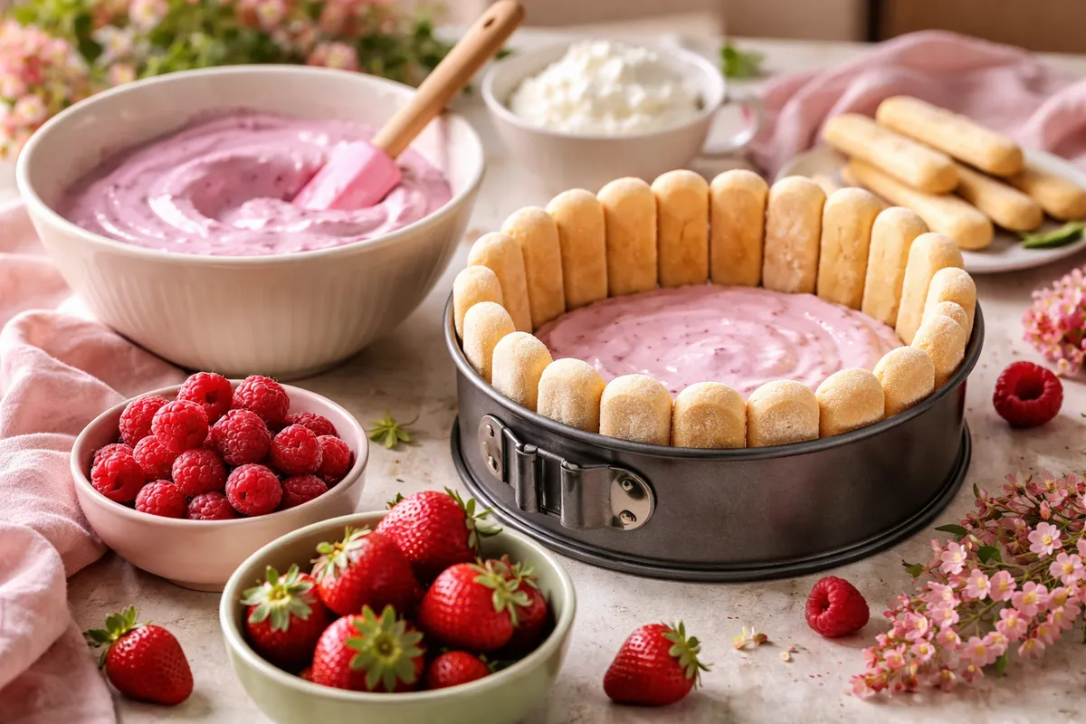 Un saladier de mousse rose, un moule à charnière garni de biscuits à la cuillère, des framboises et des fraises