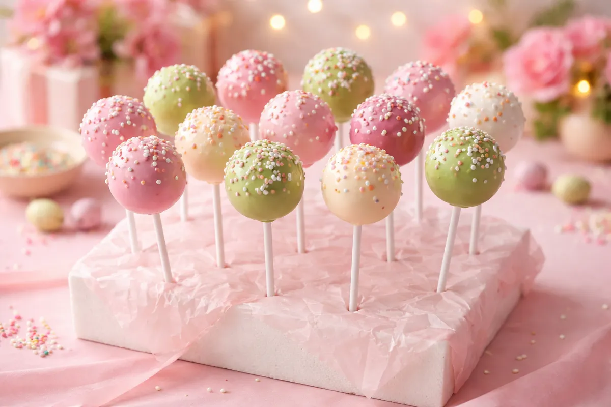 Des cake pops pastel parsemés de petites perles de sucre, piqués dans un bloc recouvert de papier rose
