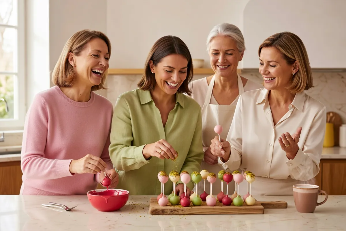 Quatre femmes de plusieurs âges décorent des cake pops en riant autour d’un plan de travail