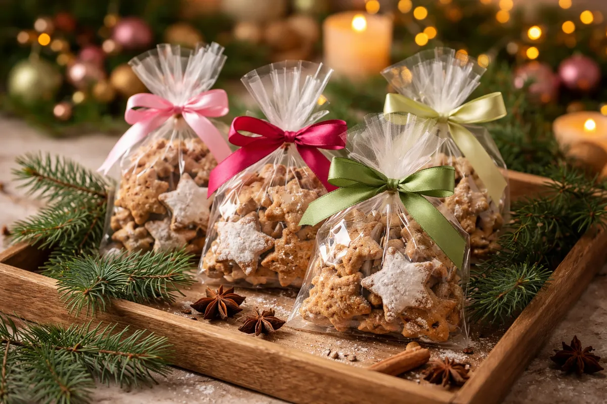 Des sachets transparents remplis de petits biscuits épicés, noués de rubans roses et verts, sur un plateau en bois avec des branches de sapin