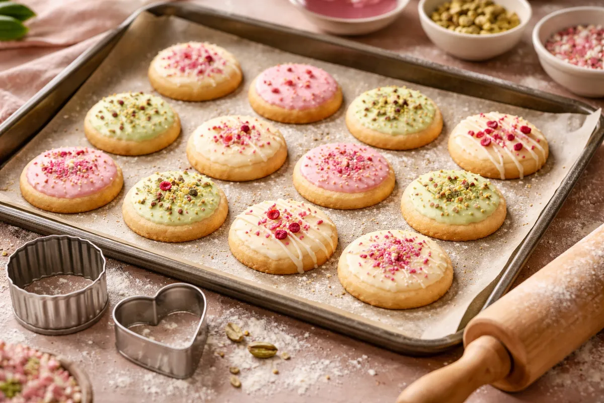 Une plaque de petits biscuits ronds glacés de rose et de vert, avec des emporte-pièces et un rouleau à pâtisserie