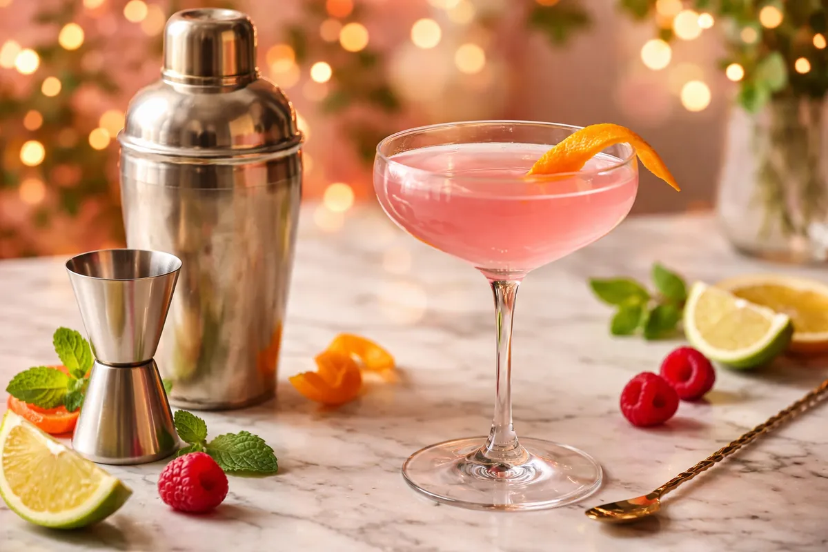 Un verre à cocktail rose garni d’un zeste d’orange, à côté d’un shaker, d’un doseur et de citrons verts sur du marbre