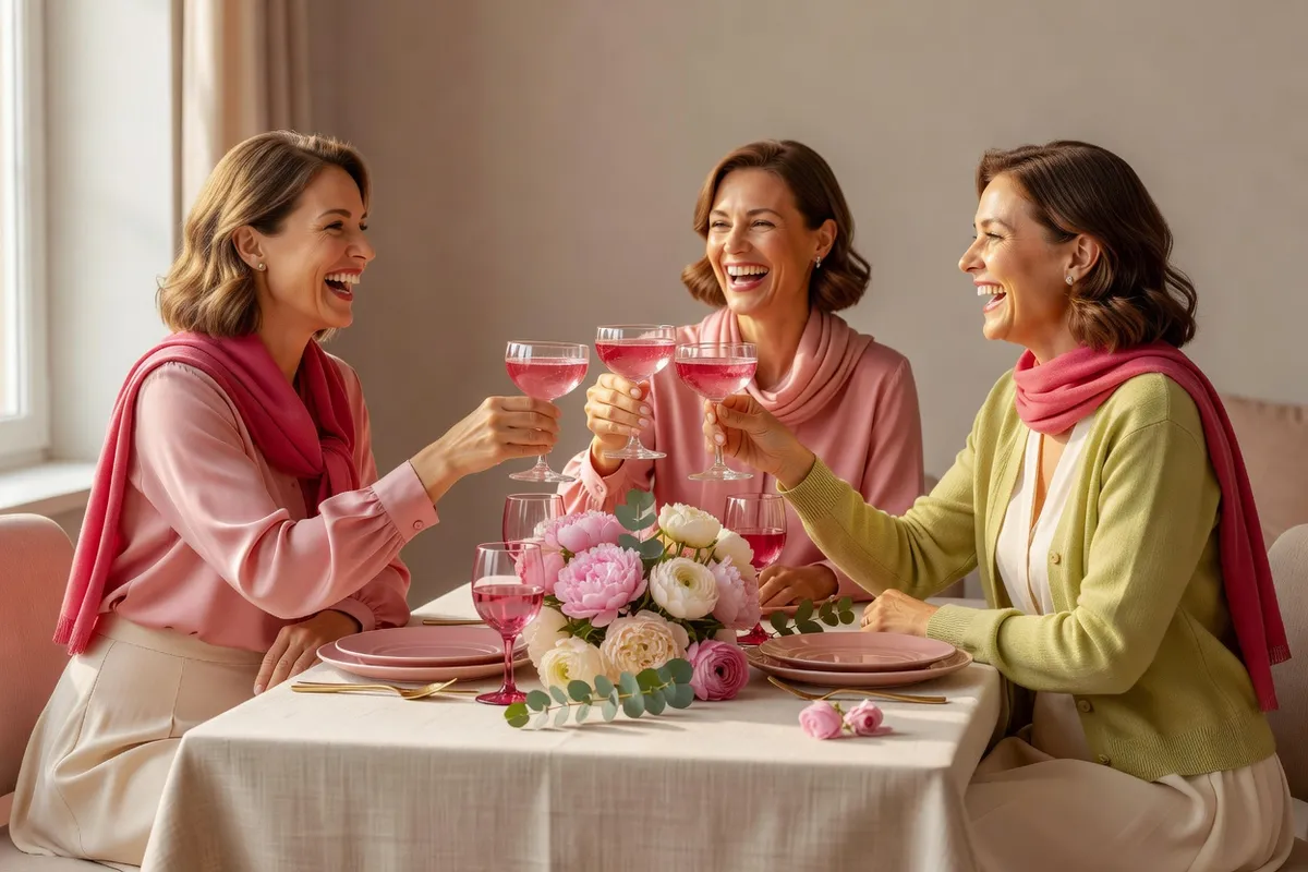 Trois femmes en rose et en vert trinquent avec des verres roses autour d’une table fleurie