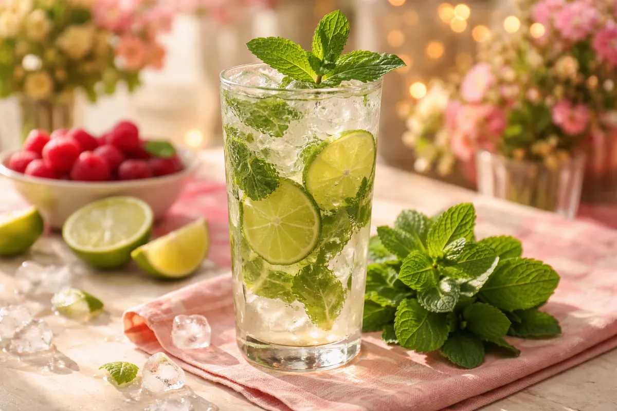 Un verre haut de mojito avec de la glace pilée, de la menthe et des rondelles de citron vert, entouré de framboises et de menthe
