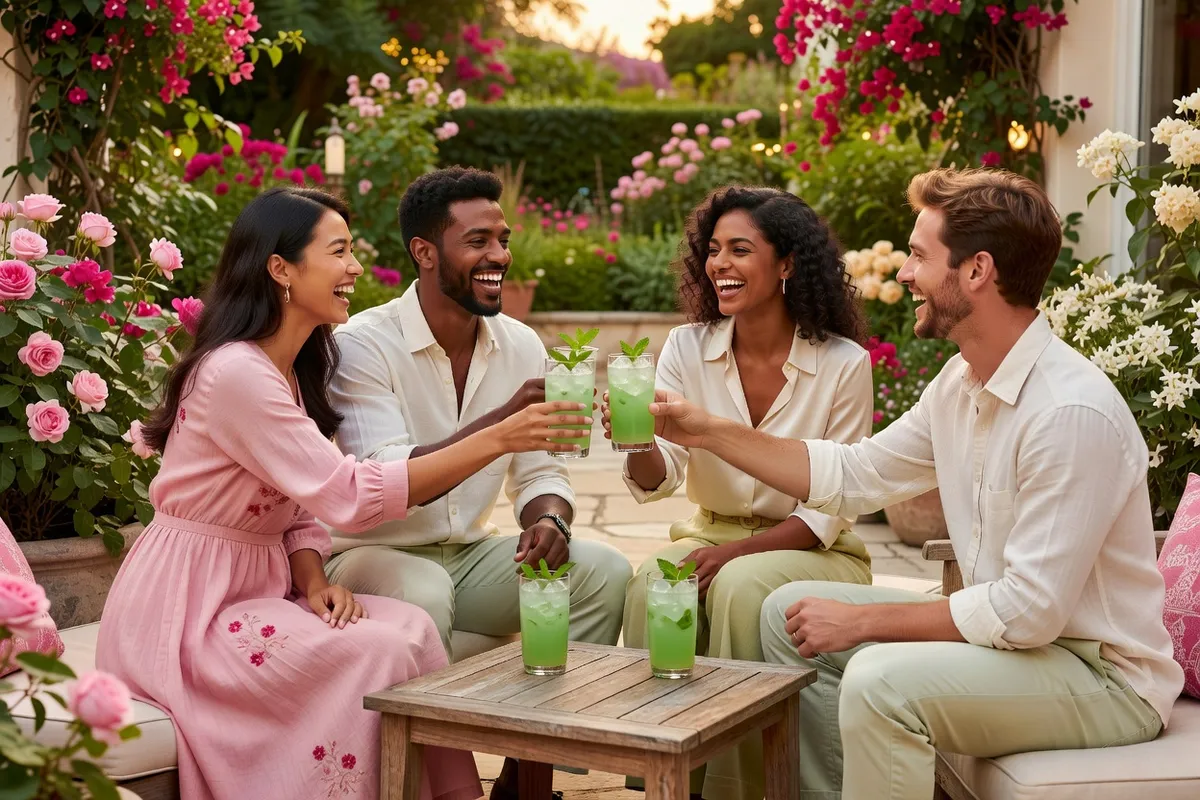 Quatre amis trinquent avec des verres verts dans un jardin de roses