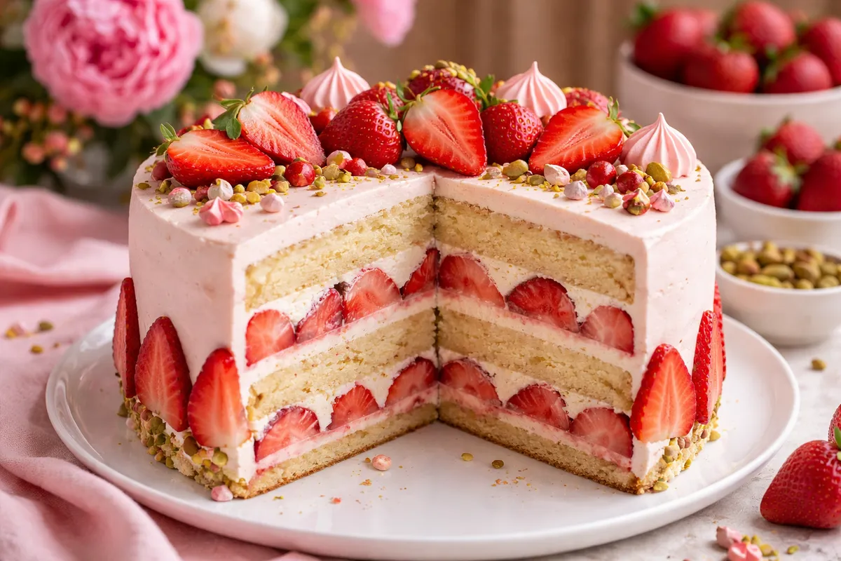 Une part de fraisier montrant les couches de génoise, de crème claire et de fraises coupées, sur une assiette blanche