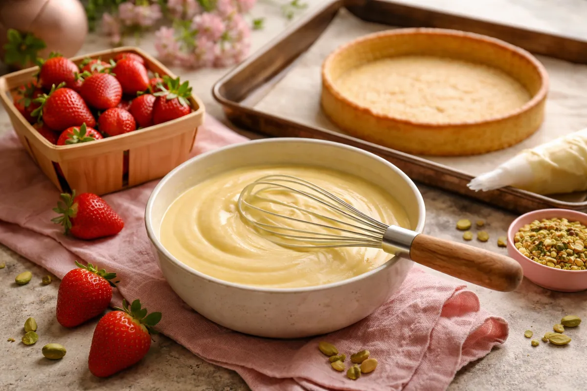 Un bol de crème pâtissière avec un fouet, une barquette de fraises et un fond de tarte sur une plaque