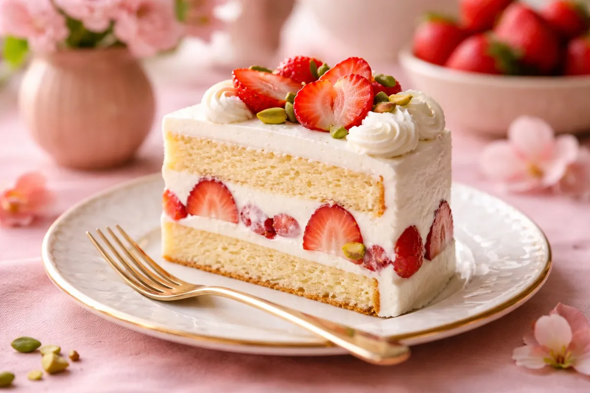 Une part de gâteau aux fraises avec une crème blanche et aérienne, posée sur une assiette avec une fourchette dorée