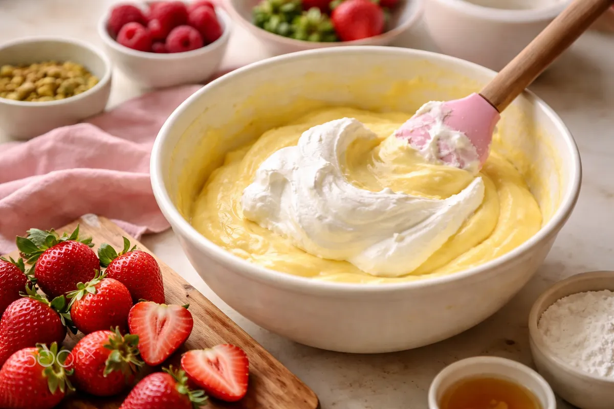 Un saladier de crème pâtissière dans laquelle on incorpore de la chantilly à la spatule, des fraises à côté