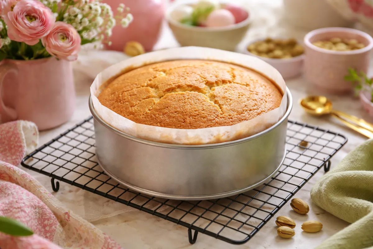 Un gâteau doré dans son moule rond, posé sur une grille à refroidir