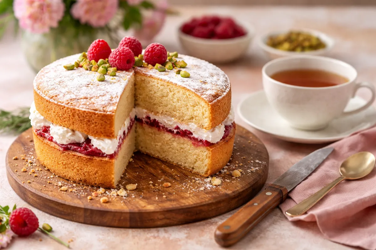 Un gâteau coupé en deux, garni de crème et de framboises, avec une tasse de thé et un couteau
