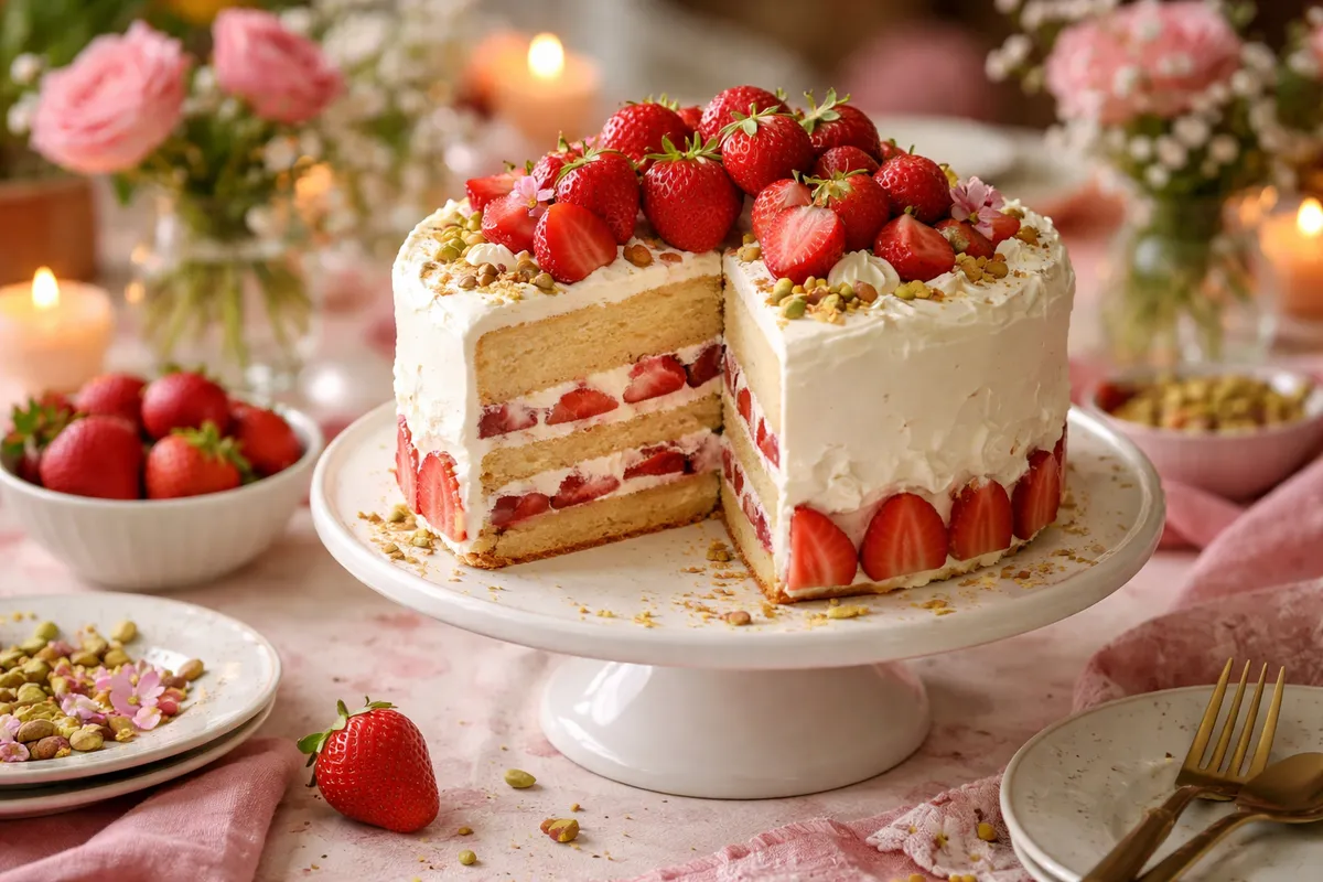 Un gâteau aux fraises à la crème fouettée avec une part découpée montrant la génoise et la crème, sur un pied à gâteau