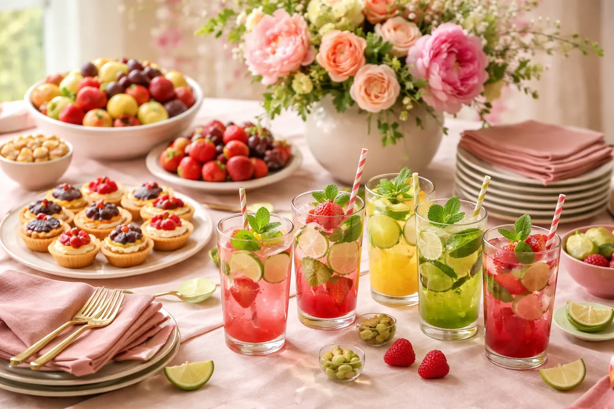 Une table de buffet d’anniversaire avec des boissons colorées sans alcool, de la menthe, des tartelettes et des fruits