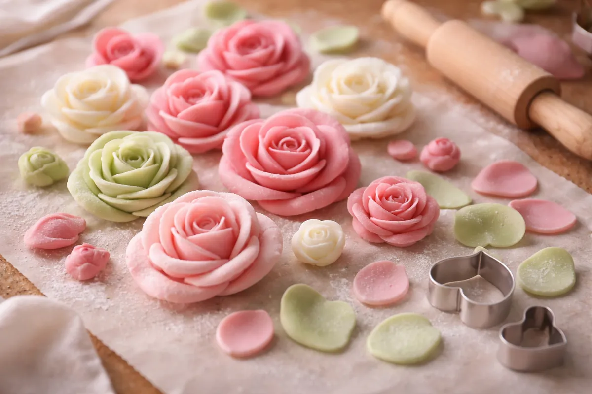 Des roses en pâte d’amande roses, blanches et vertes de tailles différentes, avec un petit rouleau et des emporte-pièces