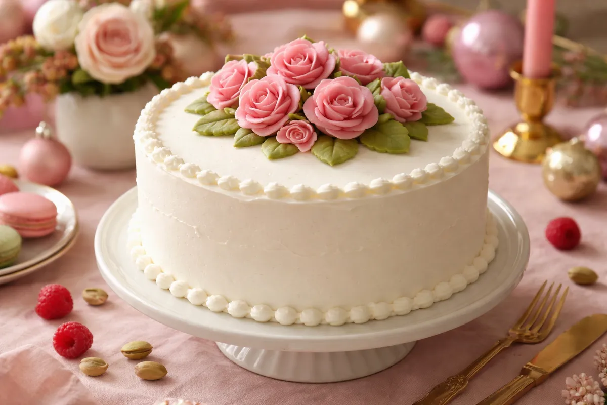 Un gâteau blanc surmonté d’un bouquet de roses en pâte d’amande et de feuilles vertes, sur un pied à gâteau