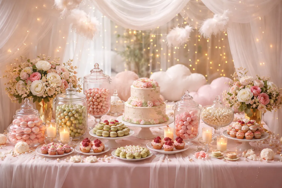 Une table de douceurs blanches et roses sous un voilage, avec un gâteau, des bocaux de bonbons, des nuages en ouate et des guirlandes lumineuses