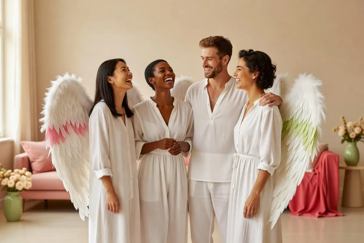 Des amis vêtus de blanc, avec des ailes de plumes, sourient dans un salon clair