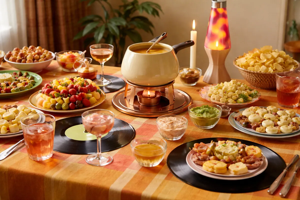 Une table rétro avec un caquelon à fondue, des amuse-bouches, des verres, des disques vinyles en sets de table et une lampe à bulles