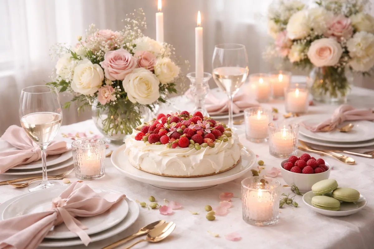 Table de fête blanche avec petits vases de fleurs claires, serviettes en tissu et bougies protégées