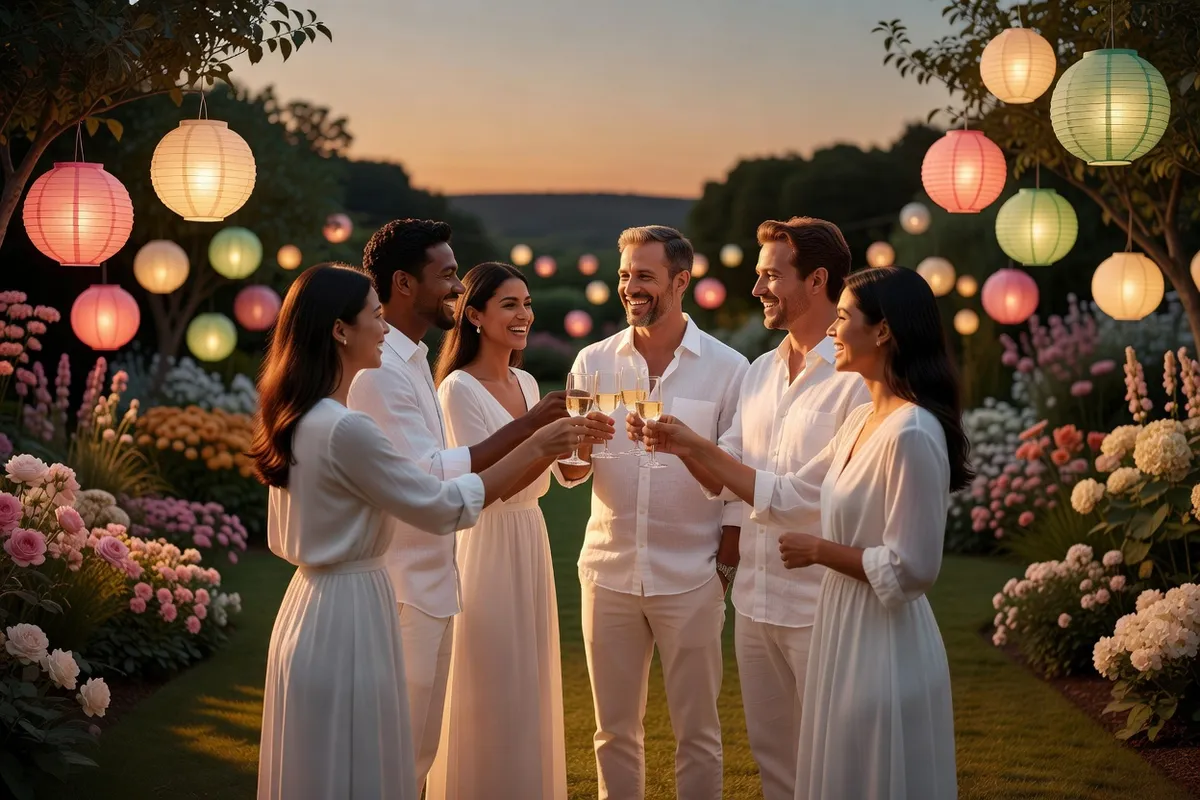 Des amis tout en blanc trinquent avec des coupes dans un jardin fleuri orné de lanternes colorées, au crépuscule